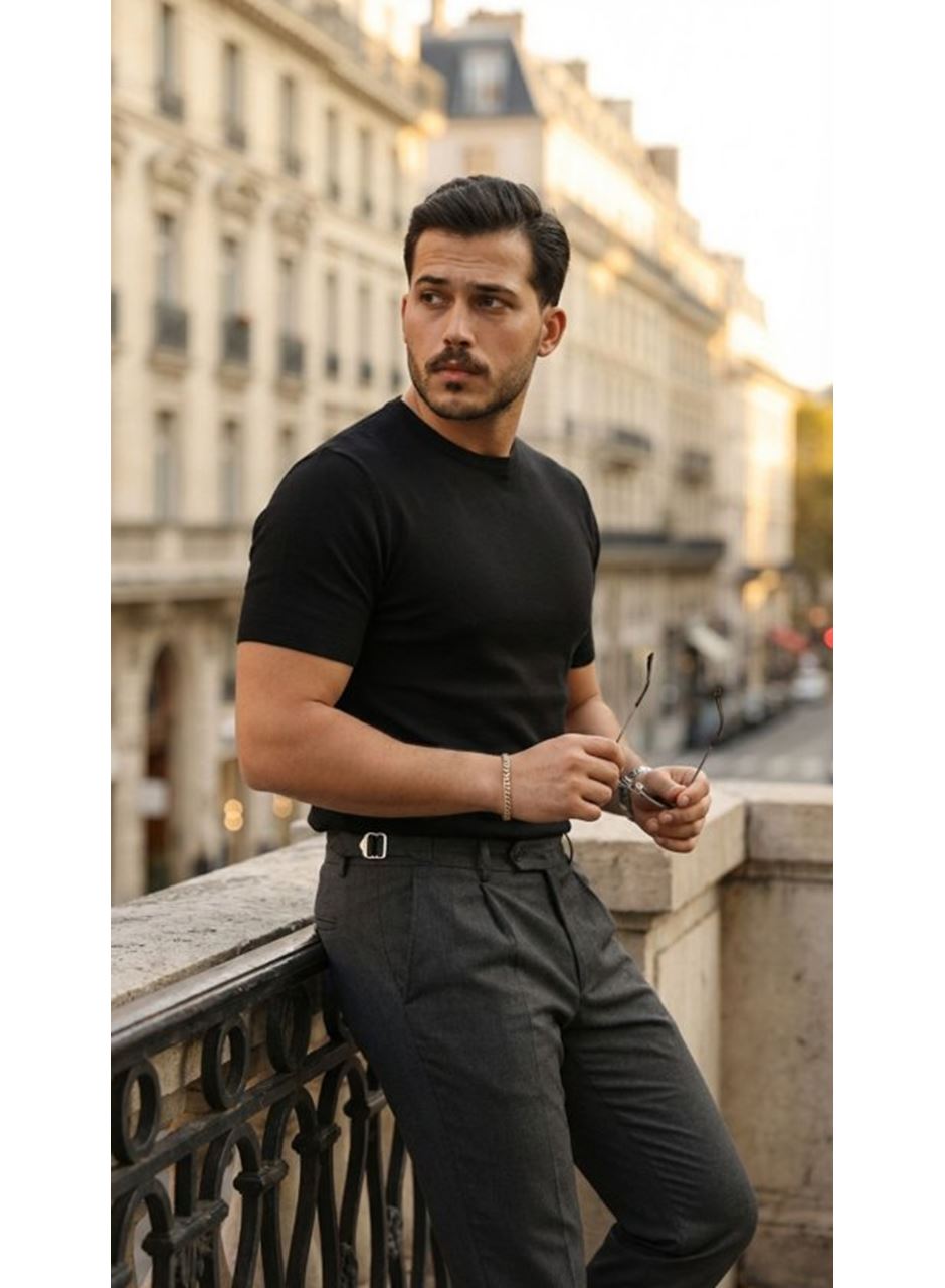 Erkek Basic Bisiklet Yaka Kısa Kollu Triko Tişört - %100 Pamuk Akrilik