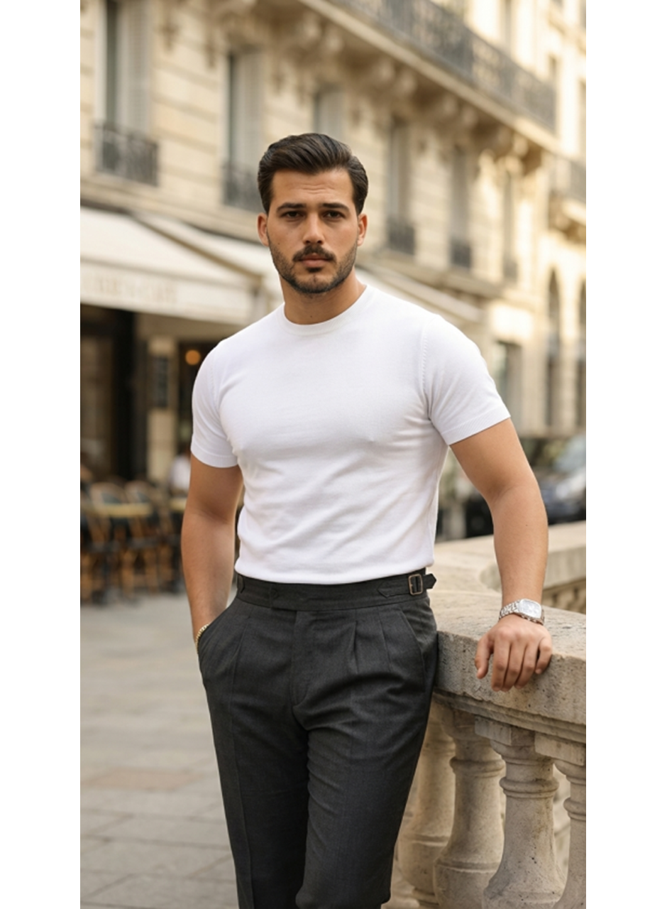 Erkek Basic Bisiklet Yaka Kısa Kollu Triko Tişört - %100 Pamuk Akrilik