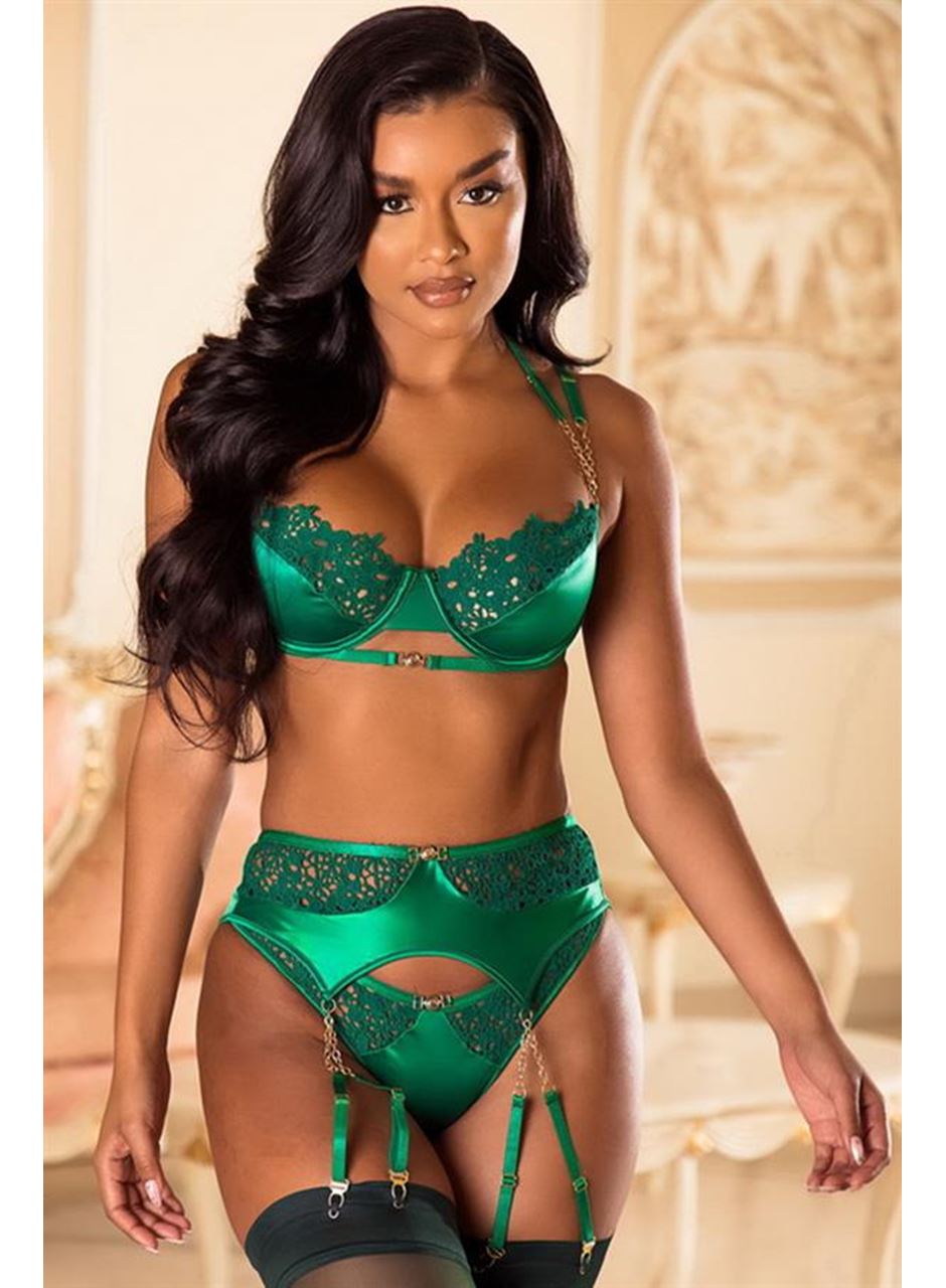 Yeşil Dantel İşlemeli Zincir Detaylı Fantezi Jartiyer Takımı