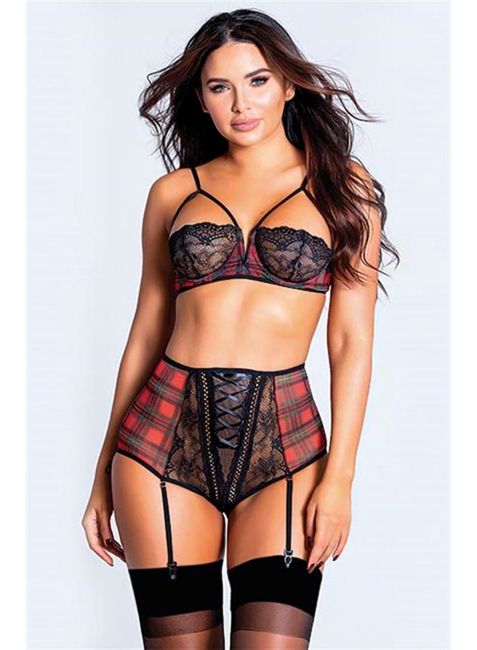 Ekose Desenli Yüksek Bel Fantezi Jartiyer Takımı