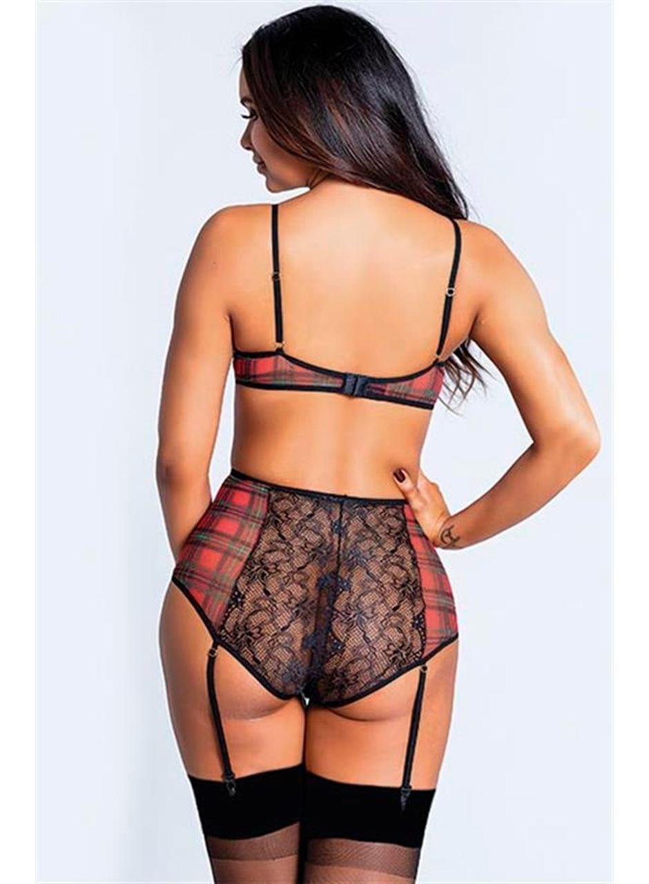 Ekose Desenli Yüksek Bel Fantezi Jartiyer Takımı