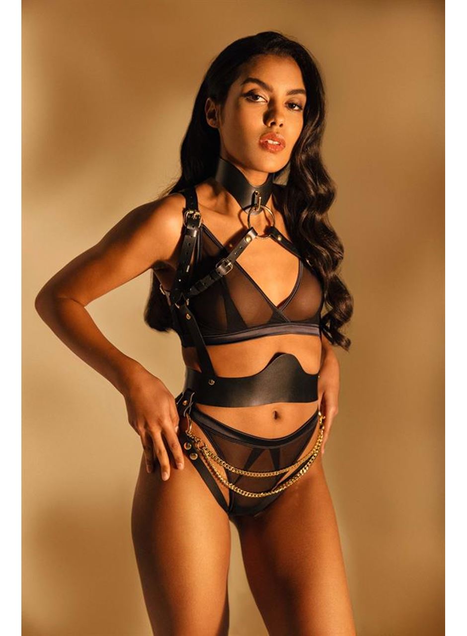 Siyah Zincir Aksesuarlı Fantezi Deri Vücut Harness