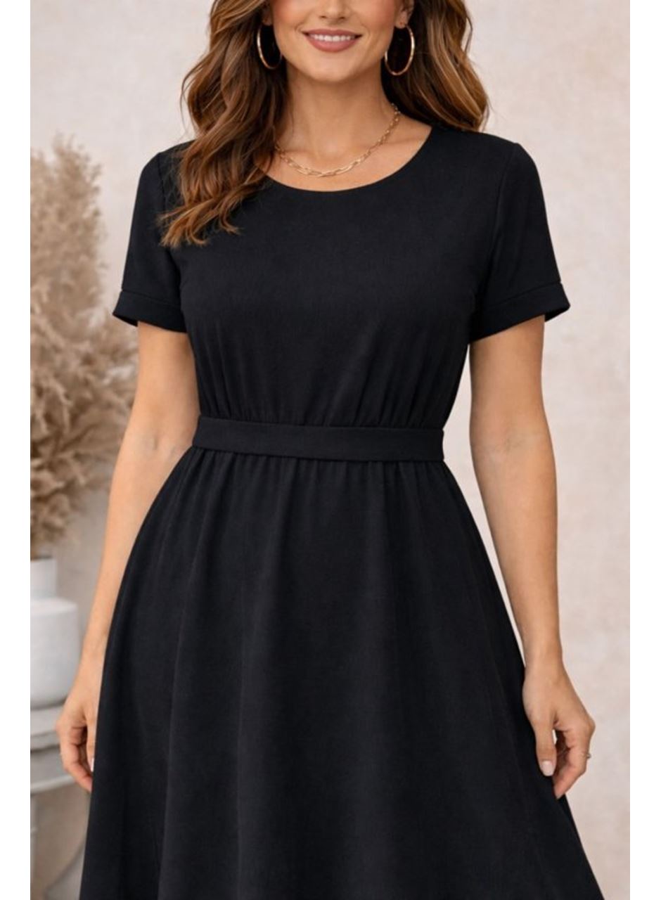 Kadın Kısa Kollu Yuvarlak Yaka Arkadan Düğmeli Viskon Midi Elbise