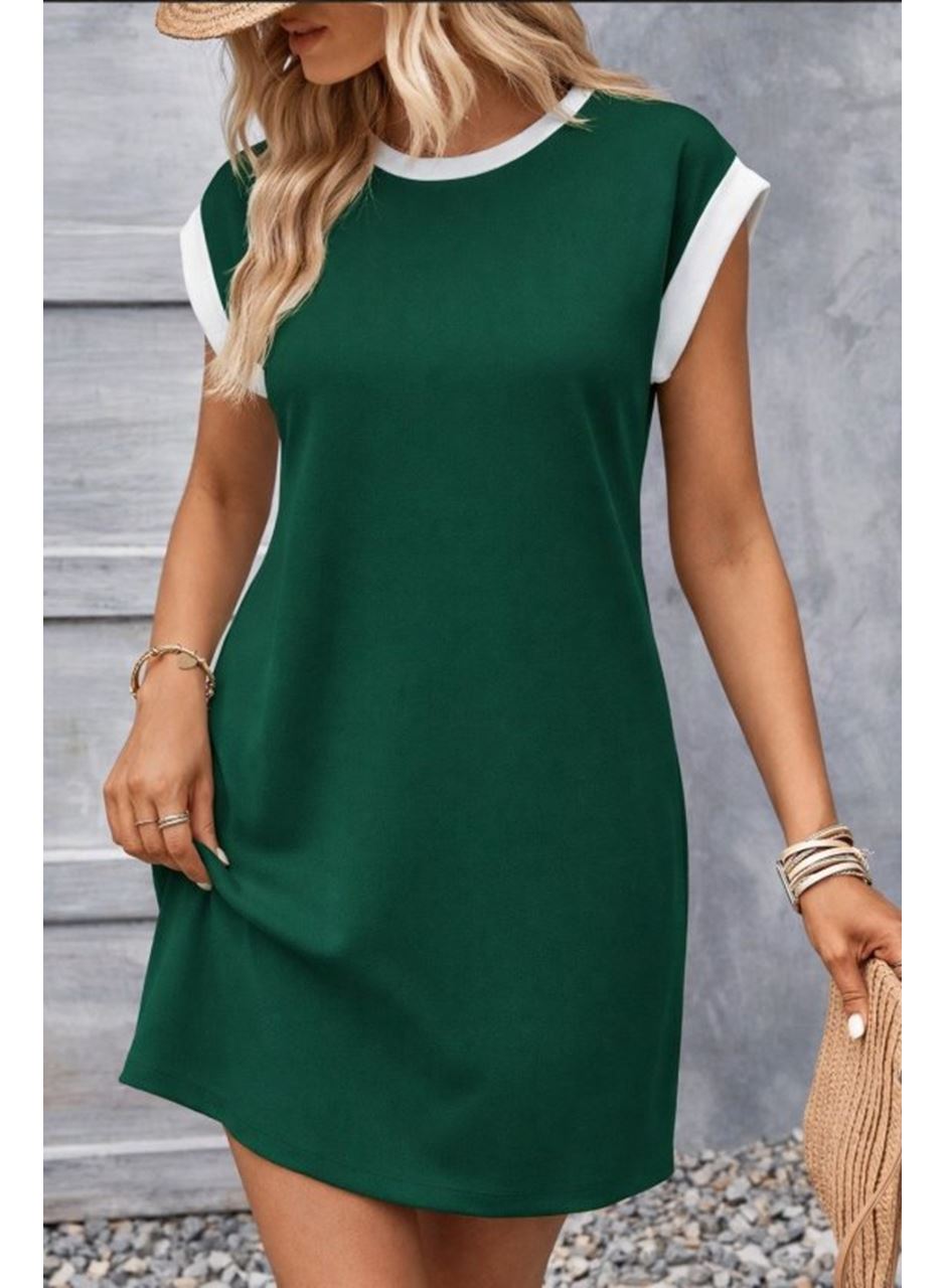 Kadın Kısa Kollu Yuvarlak Yakalı Kontrast Manset Detaylı Kısa Janjan Krep Elbise