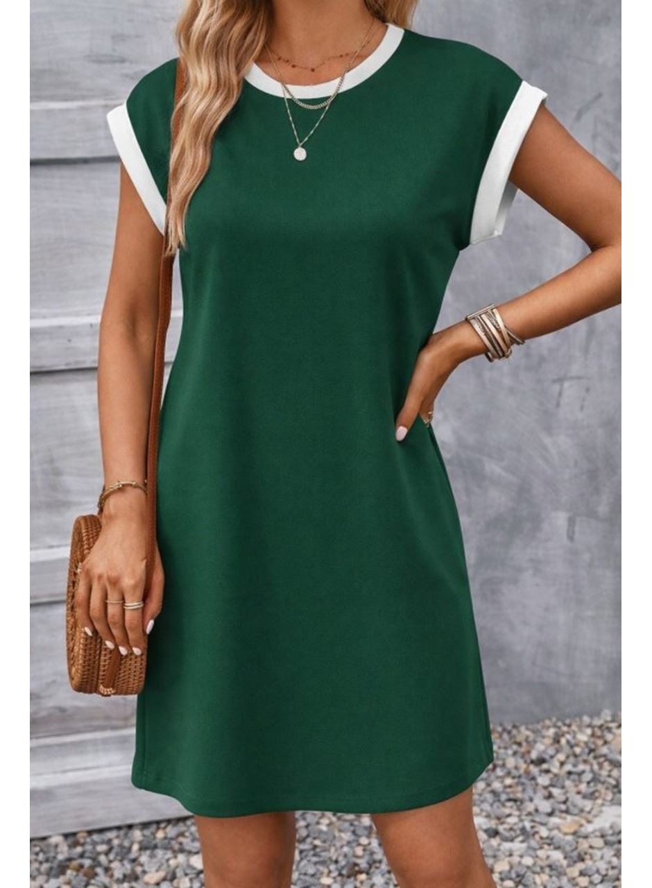Kadın Kısa Kollu Yuvarlak Yakalı Kontrast Manset Detaylı Kısa Janjan Krep Elbise