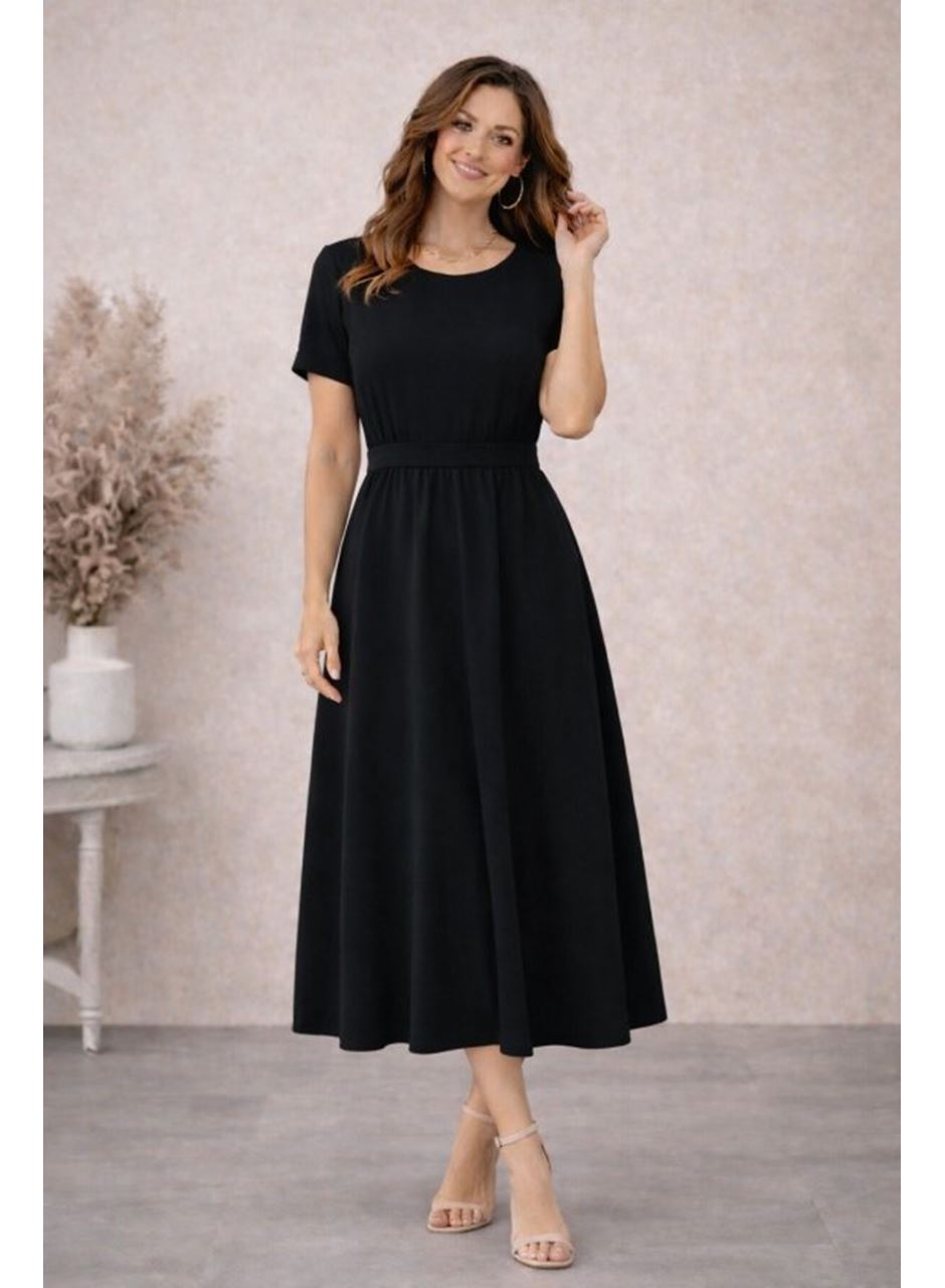 Kadın Kısa Kollu Yuvarlak Yaka Arkadan Düğmeli Viskon Midi Elbise