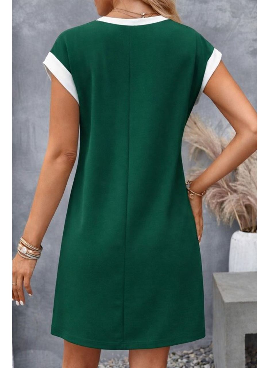 Kadın Kısa Kollu Yuvarlak Yakalı Kontrast Manset Detaylı Kısa Janjan Krep Elbise