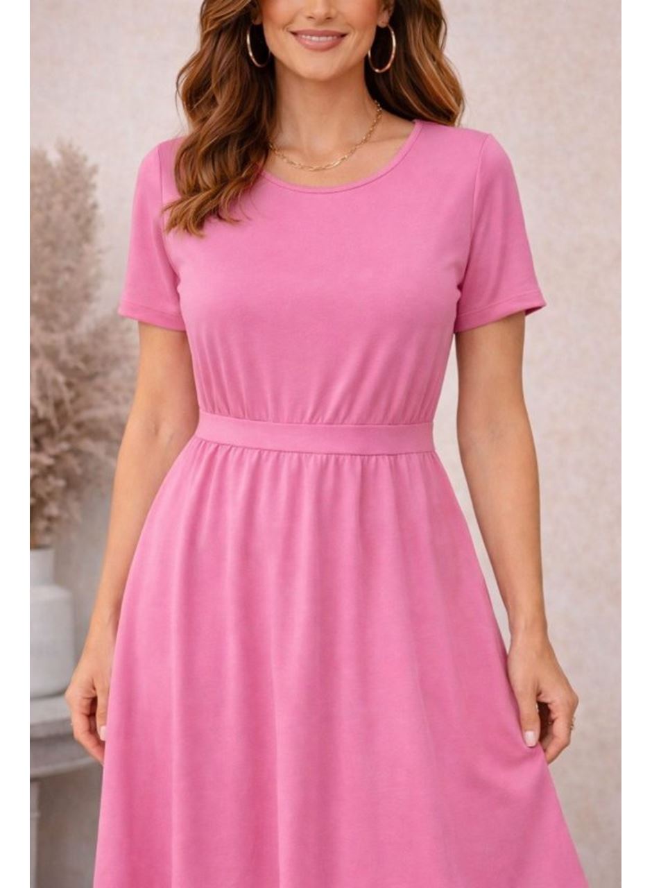 Kadın Kısa Kollu Yuvarlak Yaka Arkadan Düğmeli Viskon Midi Elbise