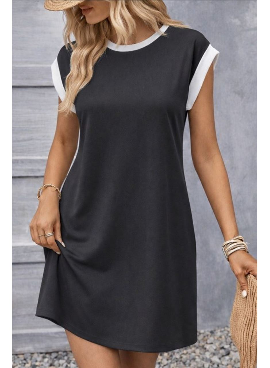 Kadın Kısa Kollu Yuvarlak Yakalı Kontrast Manset Detaylı Kısa Janjan Krep Elbise