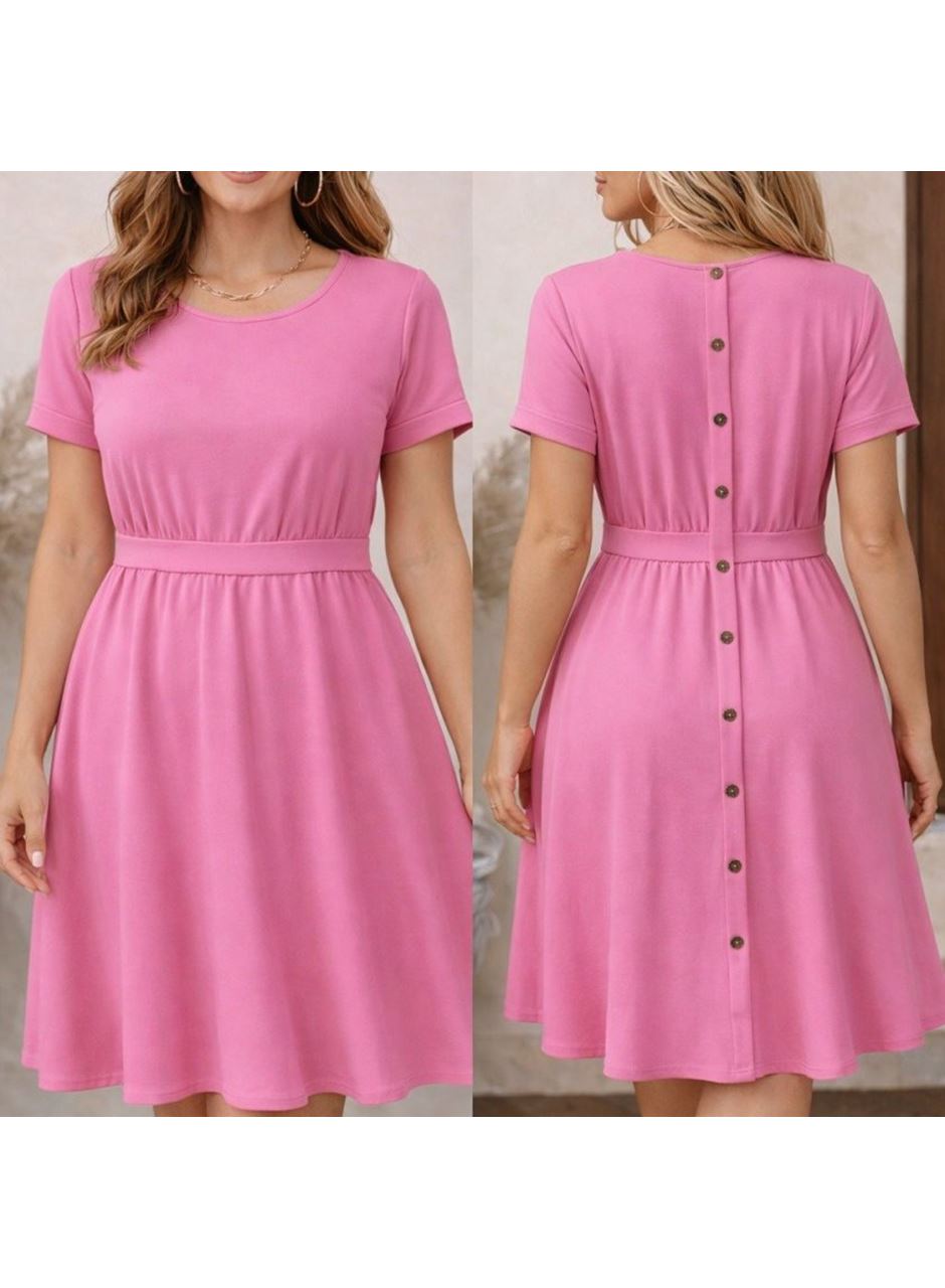 Kadın Kısa Kollu Yuvarlak Yaka Arkadan Düğmeli Viskon Midi Elbise