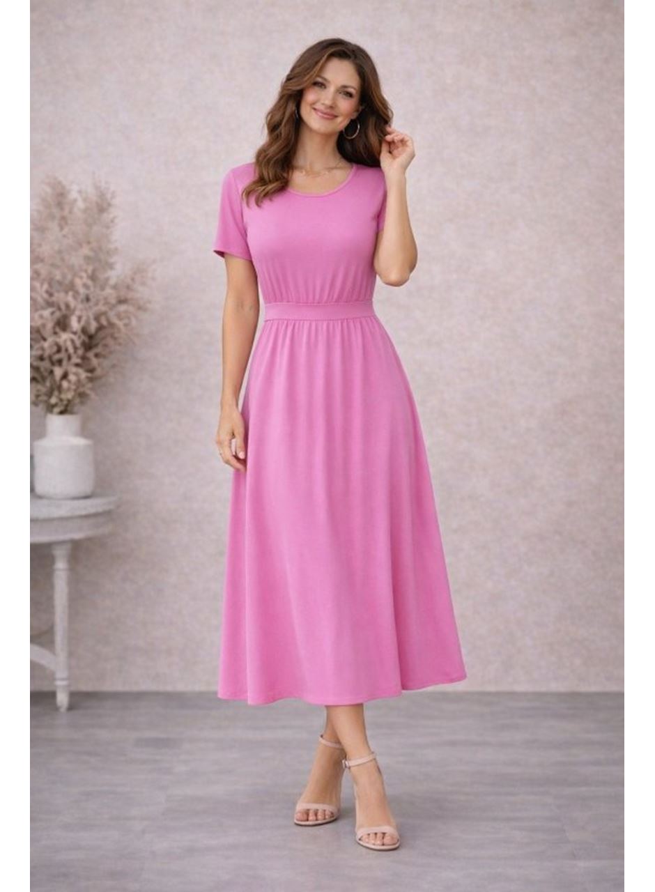 Kadın Kısa Kollu Yuvarlak Yaka Arkadan Düğmeli Viskon Midi Elbise