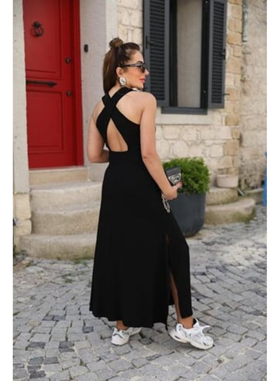 Kadın Arkadan çapraz Detay Yuvarlak Yaka Maksi Viskon Elbise