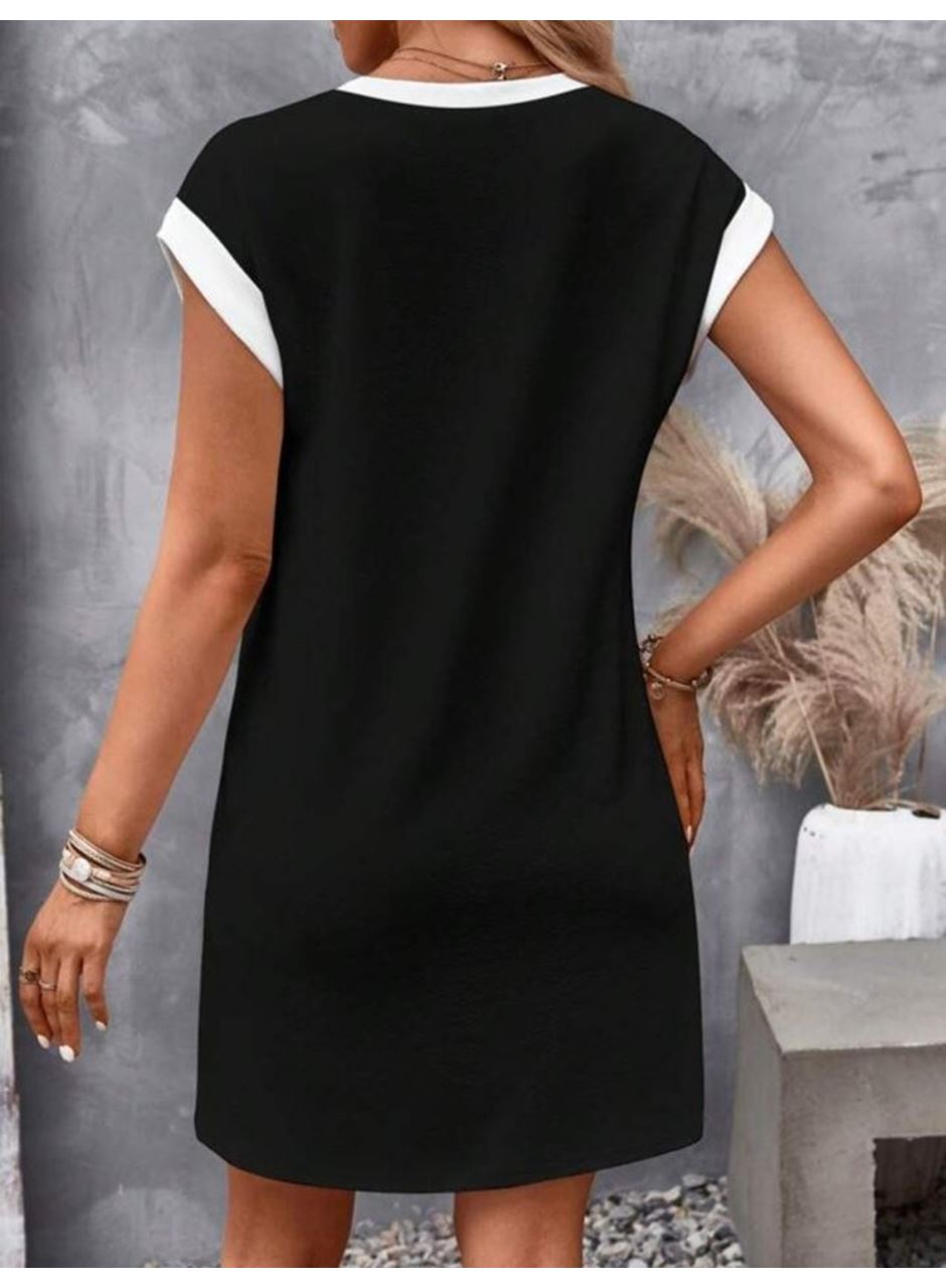 Kadın Kısa Kollu Yuvarlak Yakalı Kontrast Manset Detaylı Kısa Janjan Krep Elbise