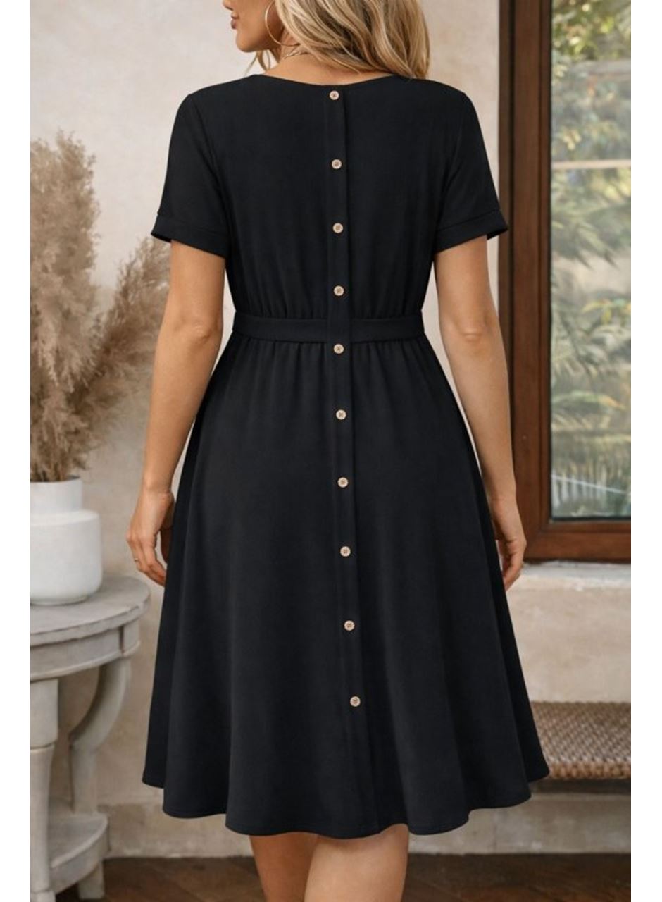 Kadın Kısa Kollu Yuvarlak Yaka Arkadan Düğmeli Viskon Midi Elbise