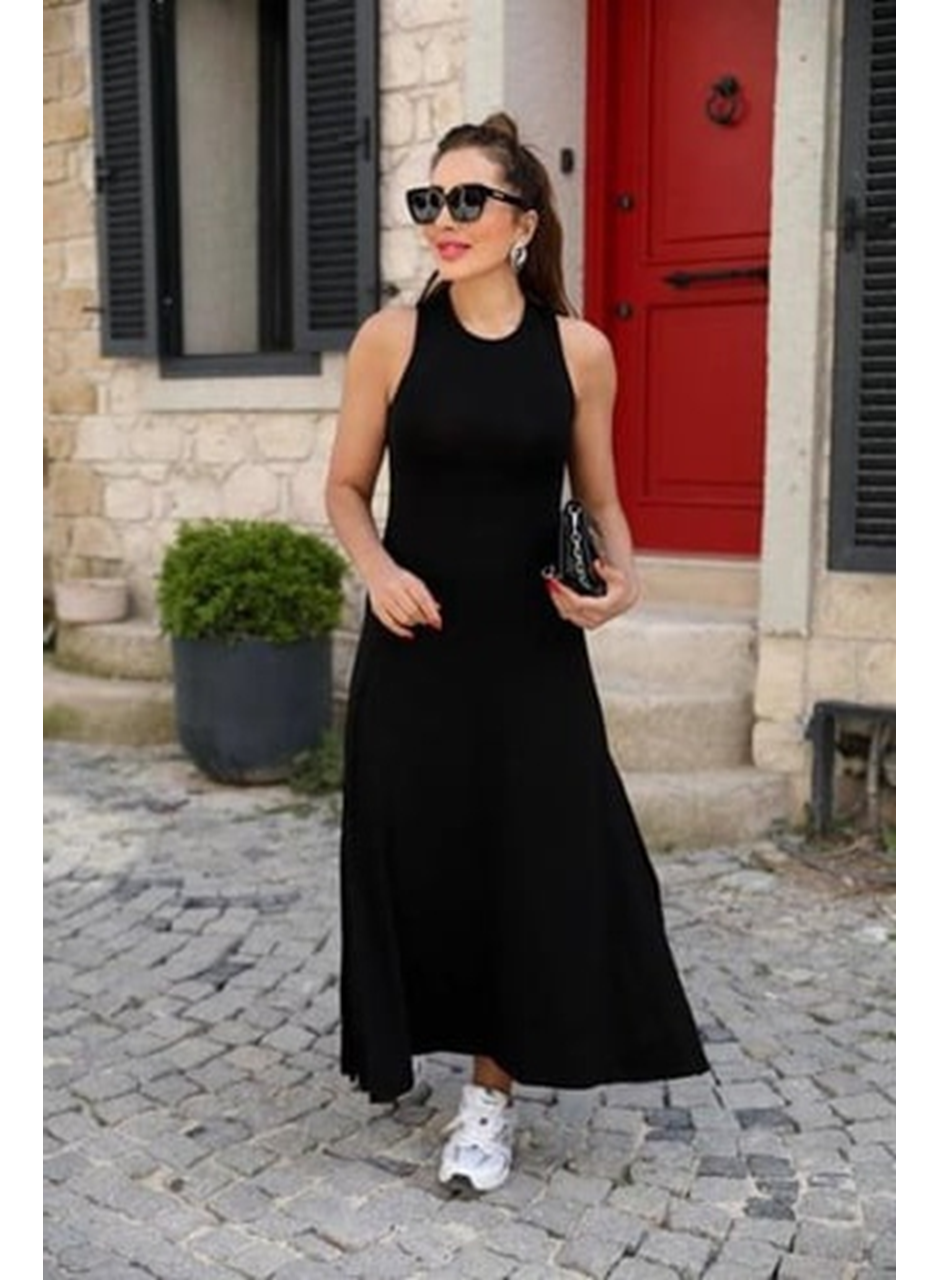 Kadın Arkadan çapraz Detay Yuvarlak Yaka Maksi Viskon Elbise