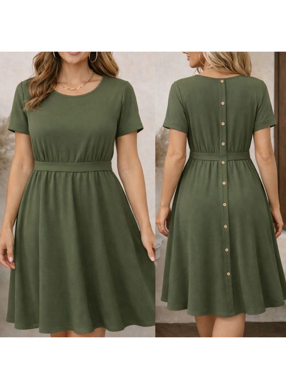 Kadın Kısa Kollu Yuvarlak Yaka Arkadan Düğmeli Viskon Midi Elbise