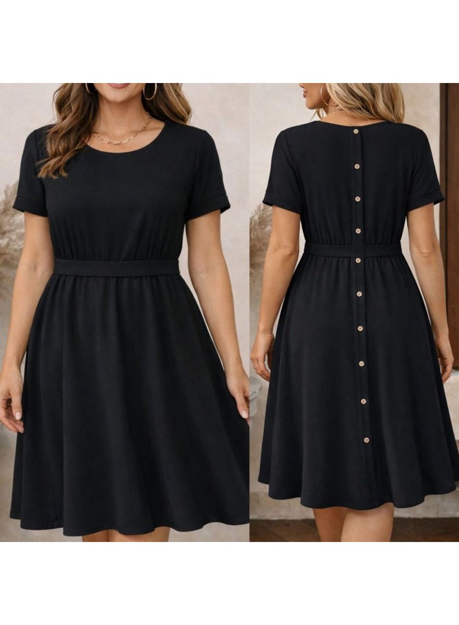 Kadın Kısa Kollu Yuvarlak Yaka Arkadan Düğmeli Viskon Midi Elbise
