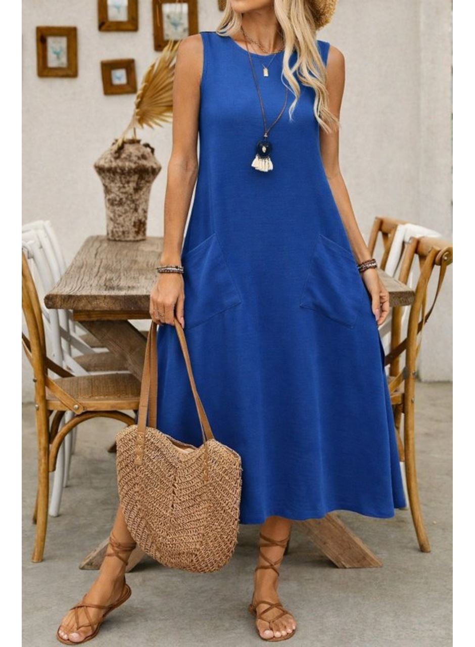 Kadın Askılı Yuvarlak Yakalı Kıloş Cepli Uzun Elbise