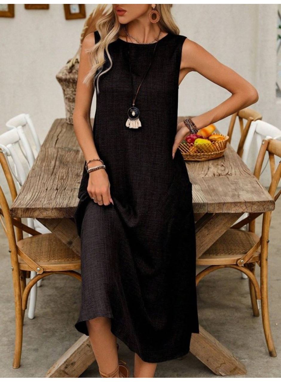 Kadın Askılı Yuvarlak Yakalı Kıloş Cepli Uzun Elbise