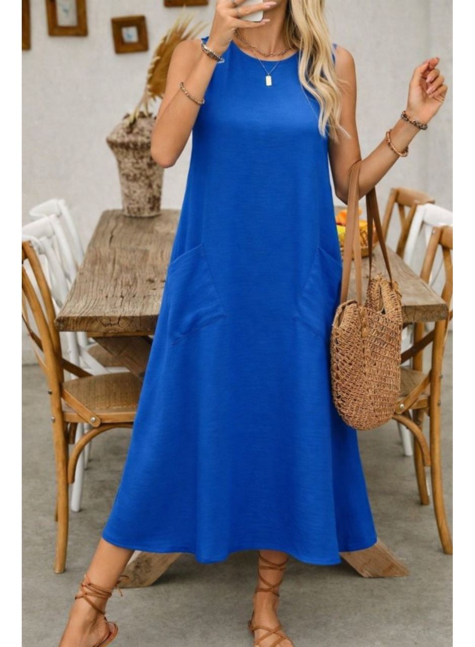 Kadın Askılı Yuvarlak Yakalı Kıloş Cepli Uzun Elbise