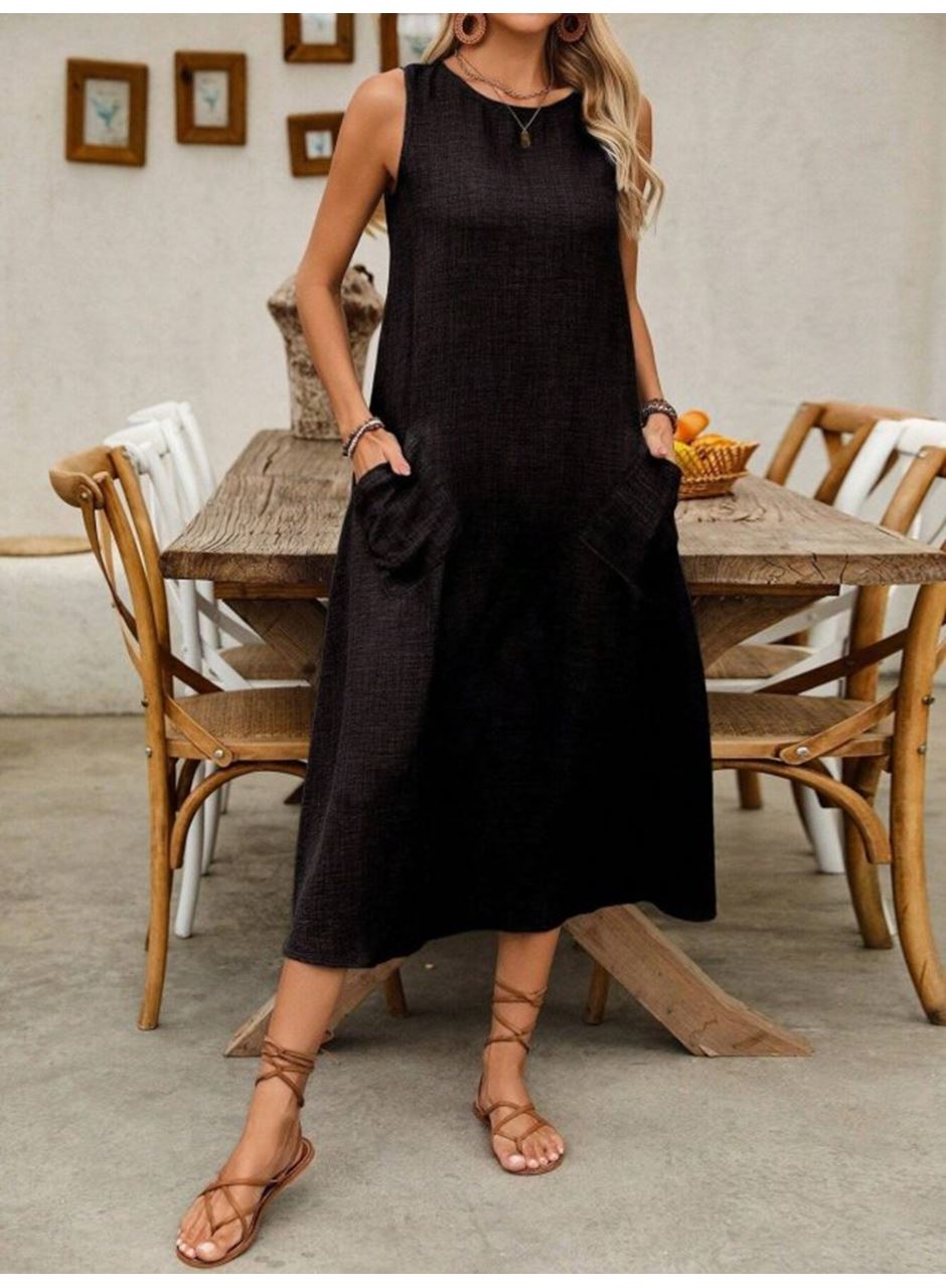 Kadın Askılı Yuvarlak Yakalı Kıloş Cepli Uzun Elbise