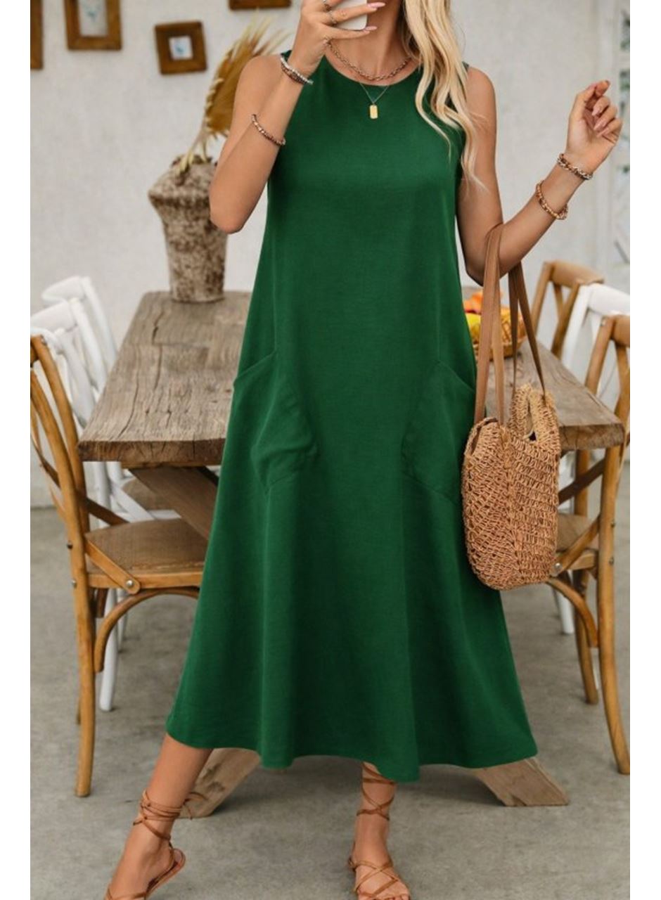 Kadın Askılı Yuvarlak Yakalı Kıloş Cepli Uzun Elbise