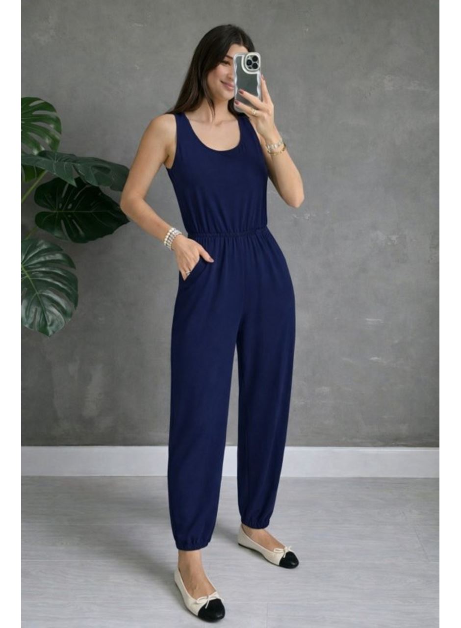 Kadın Askılı Yuvarlak Yakalı Cepli Viskon Tulum