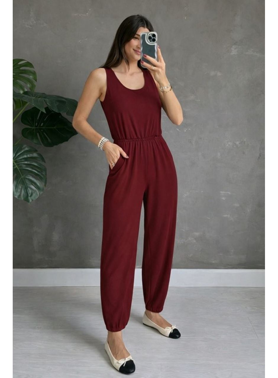 Kadın Askılı Yuvarlak Yakalı Cepli Viskon Tulum