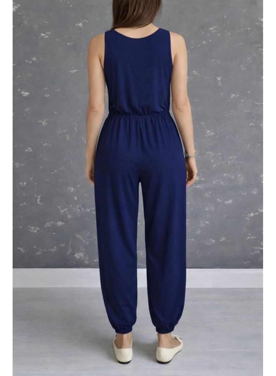 Kadın Askılı Yuvarlak Yakalı Cepli Viskon Tulum