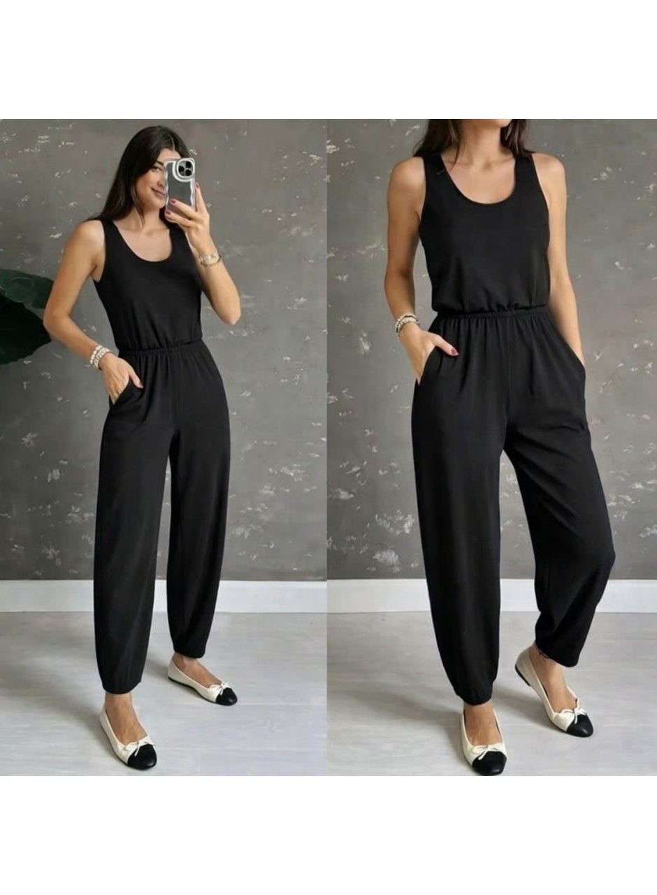 Kadın Askılı Yuvarlak Yakalı Cepli Viskon Tulum