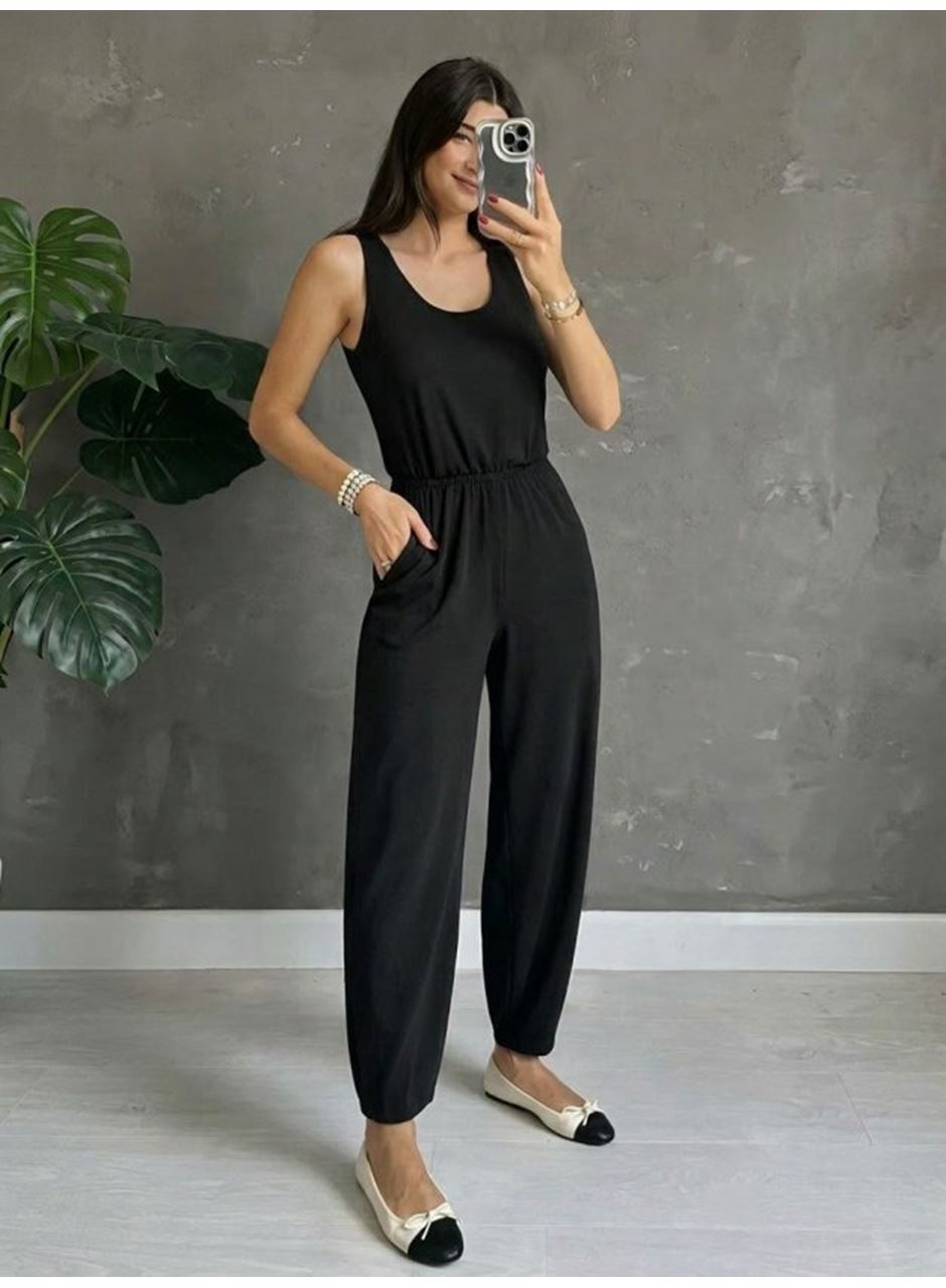 Kadın Askılı Yuvarlak Yakalı Cepli Viskon Tulum