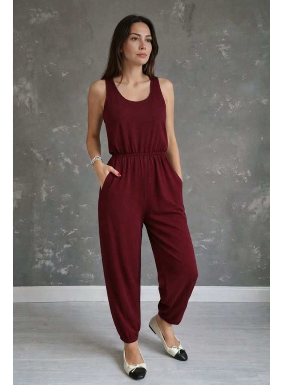 Kadın Askılı Yuvarlak Yakalı Cepli Viskon Tulum