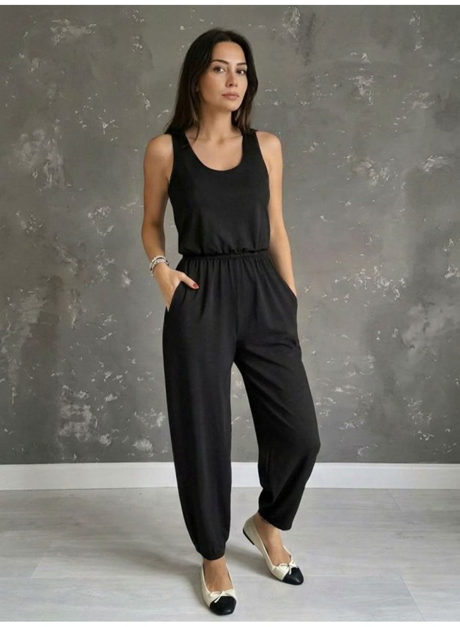 Kadın Askılı Yuvarlak Yakalı Cepli Viskon Tulum