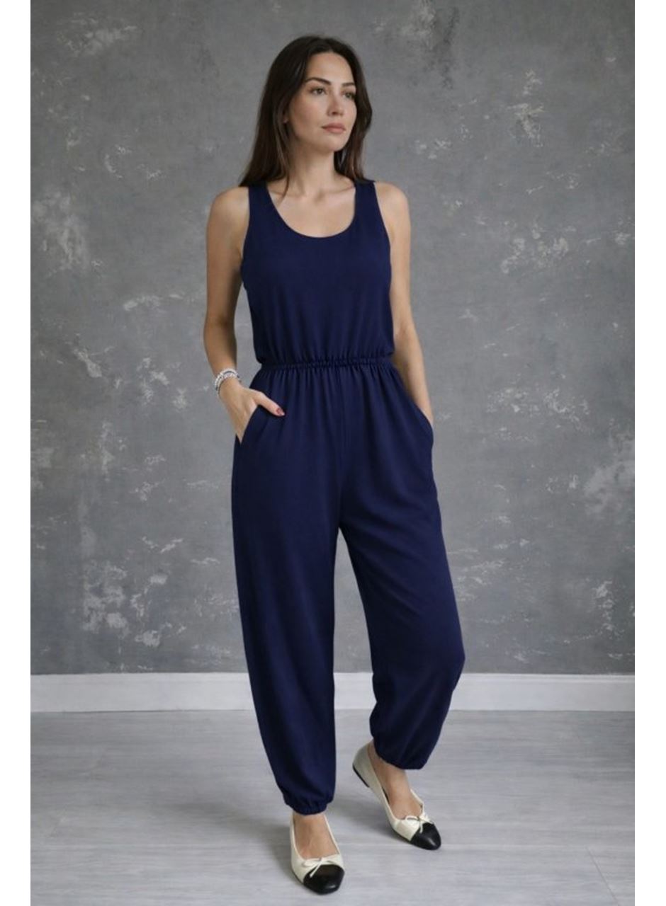 Kadın Askılı Yuvarlak Yakalı Cepli Viskon Tulum