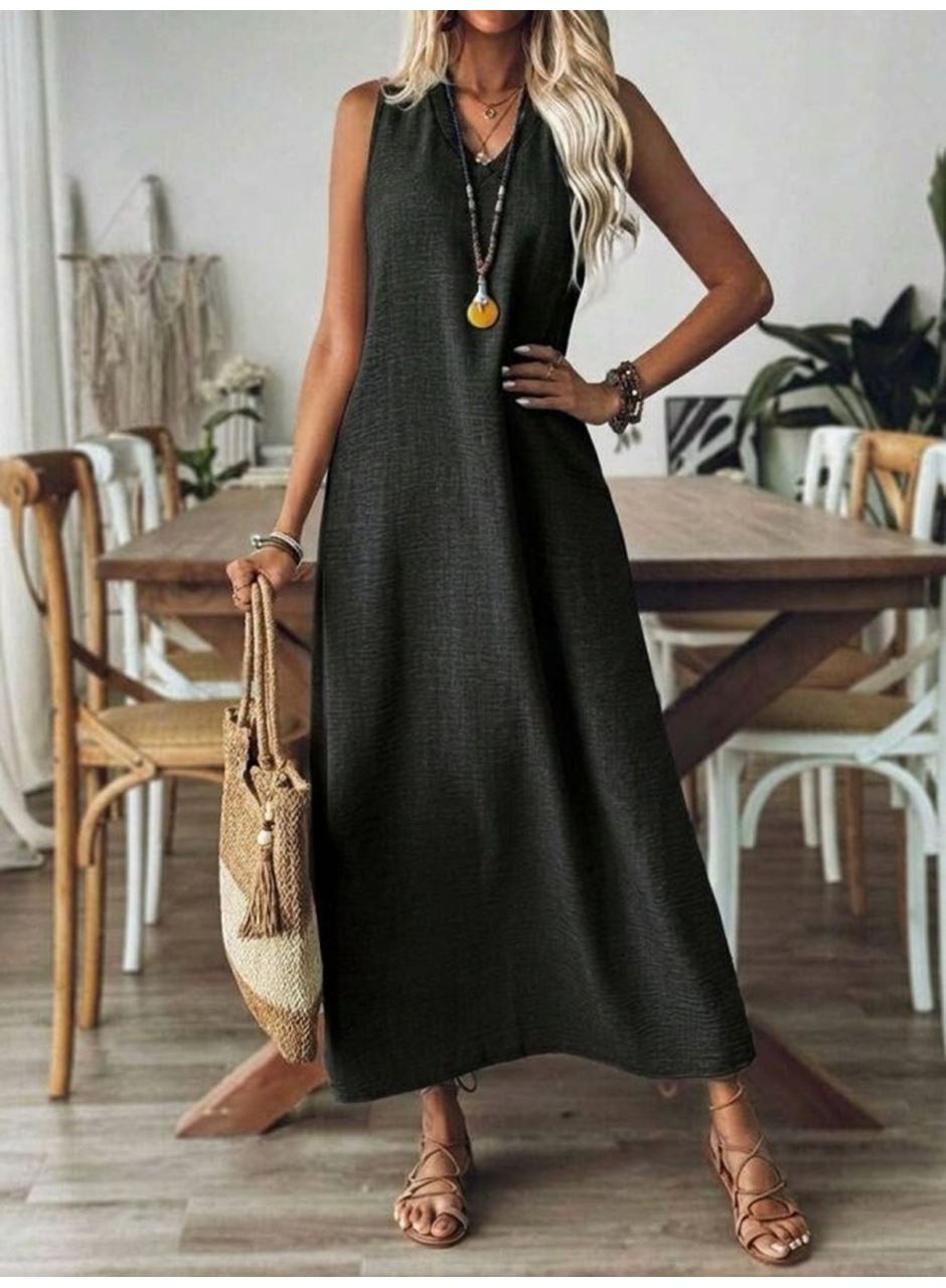Kadın Askılı V Yakalı Uzun Elbise