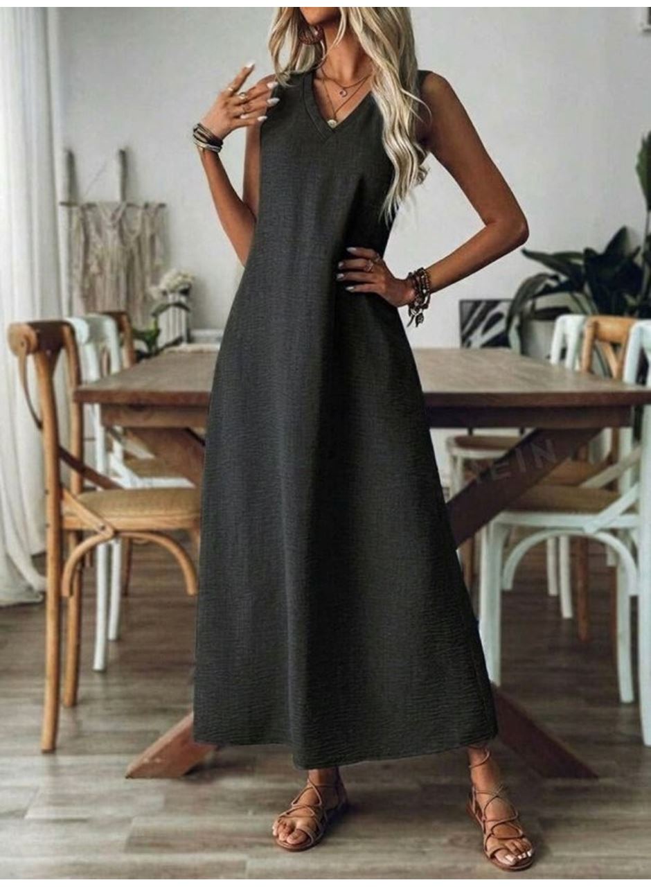 Kadın Askılı V Yakalı Uzun Elbise