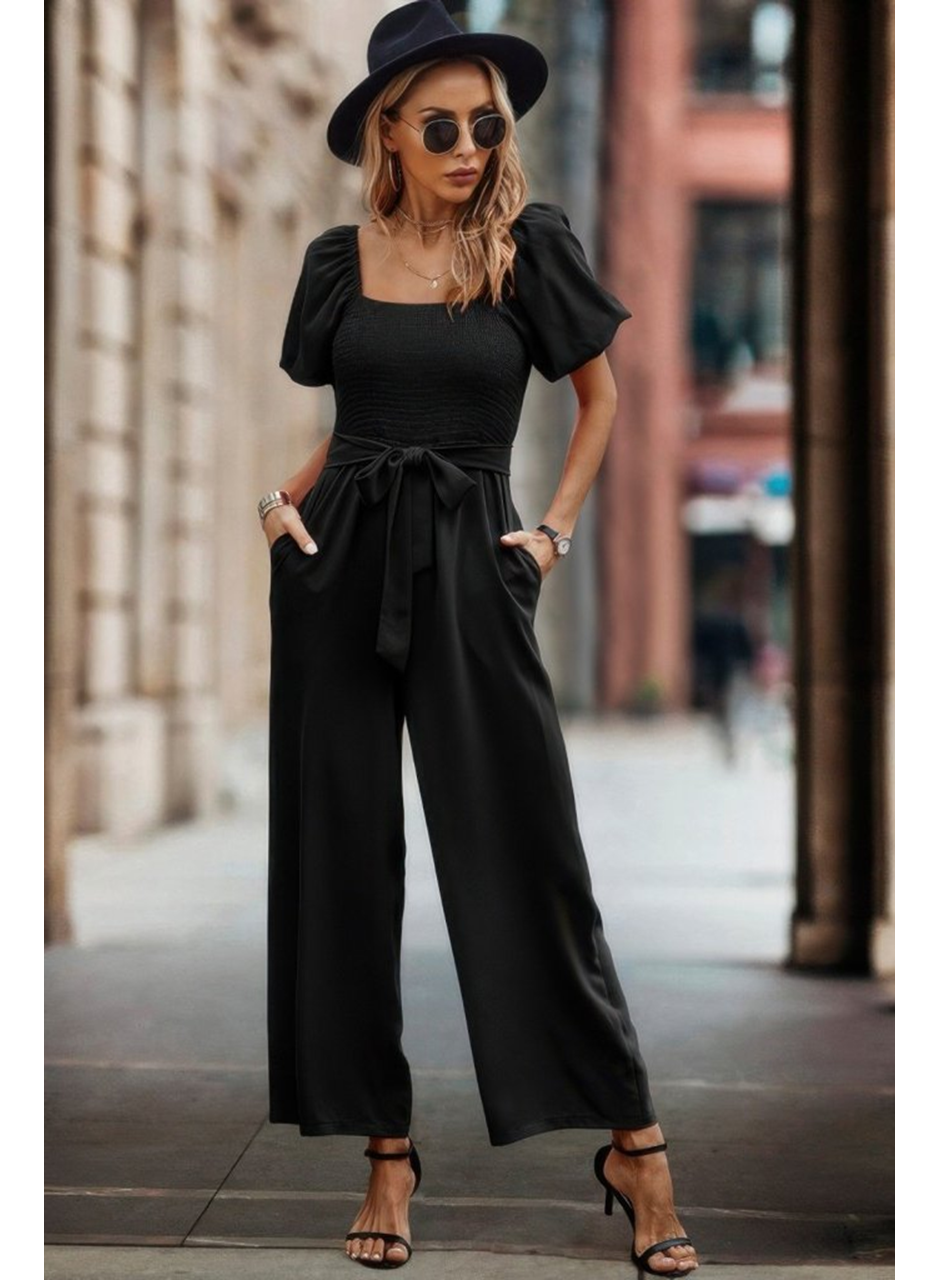 Kadın Kısa Kollu Kare Yakalı Göğsü Gipeli Belden Kuşaklı Uzun Janjan Tulum