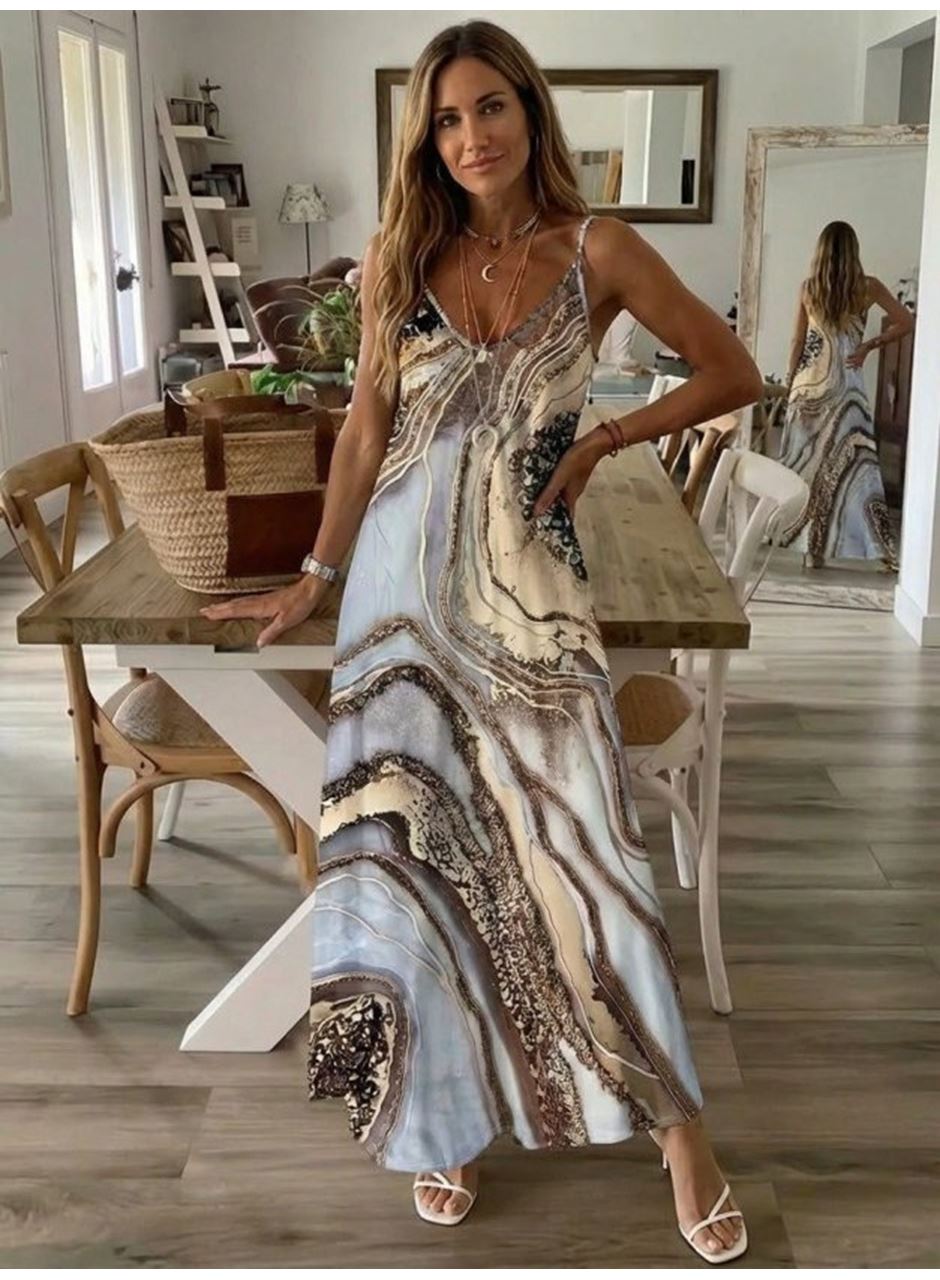 Kadın Askılı V Yakalı Desenlı Uzun Süprem Elbise