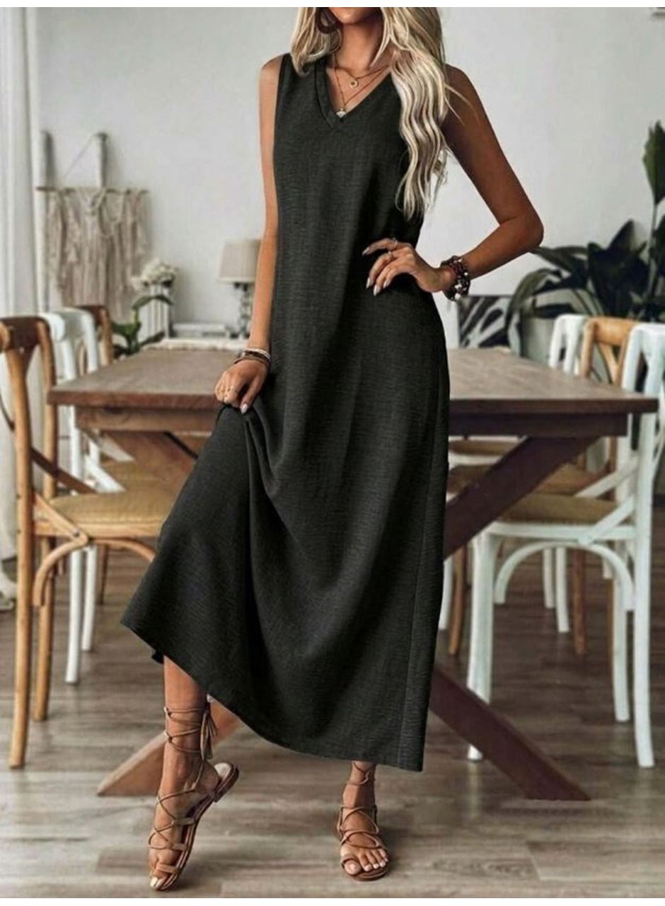 Kadın Askılı V Yakalı Uzun Elbise