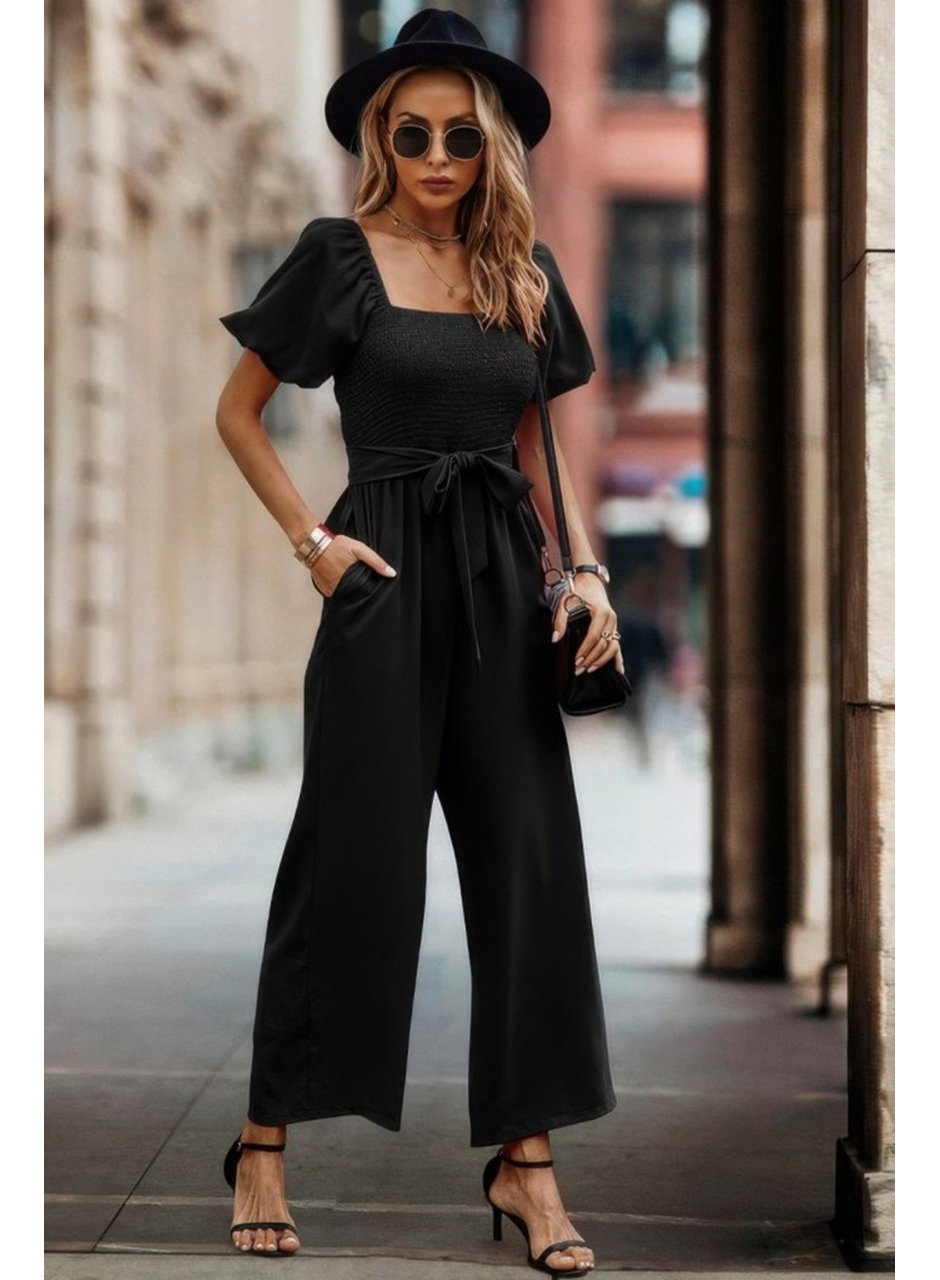 Kadın Kısa Kollu Kare Yakalı Göğsü Gipeli Belden Kuşaklı Uzun Janjan Tulum