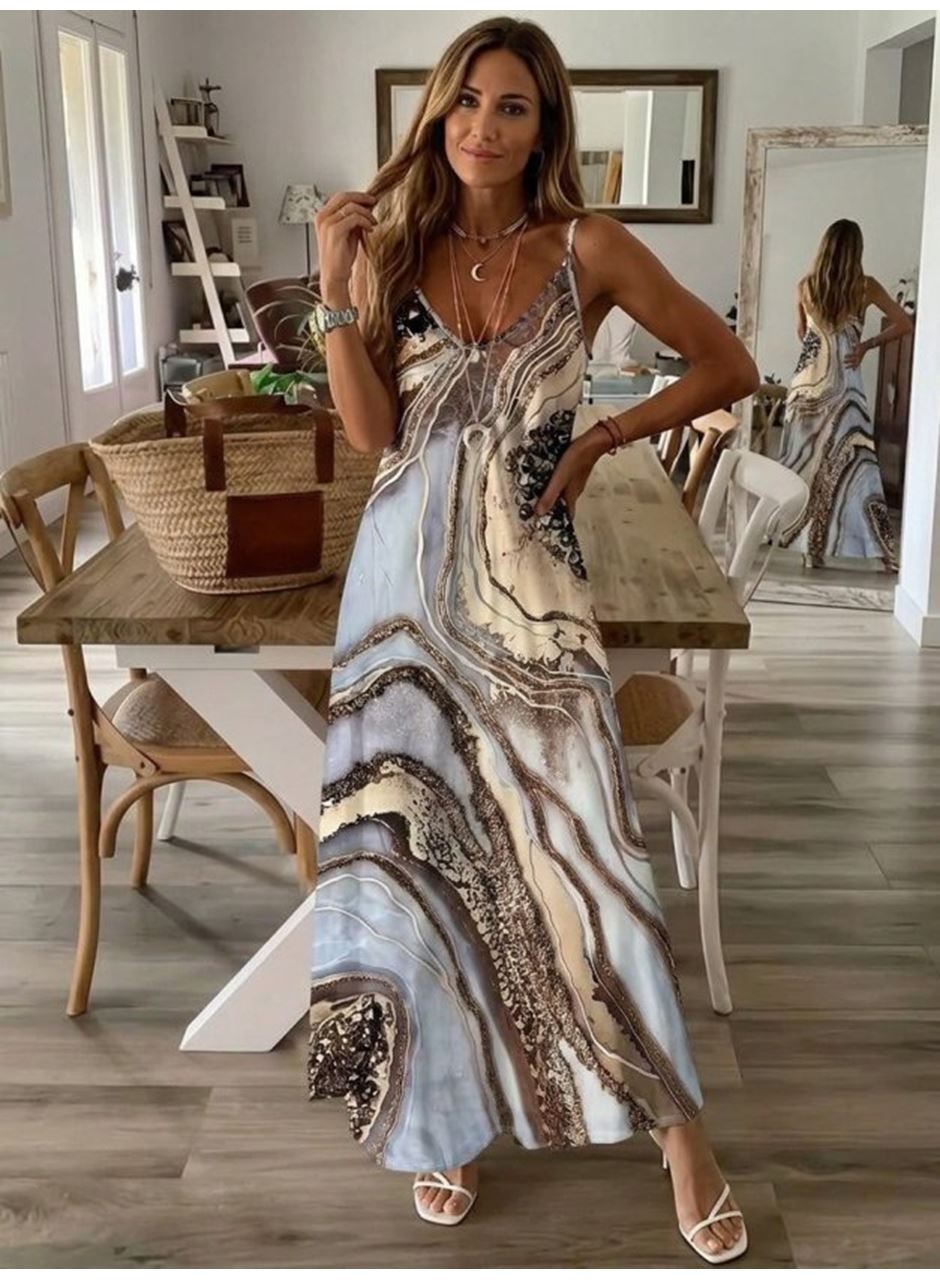 Kadın Askılı V Yakalı Desenlı Uzun Süprem Elbise