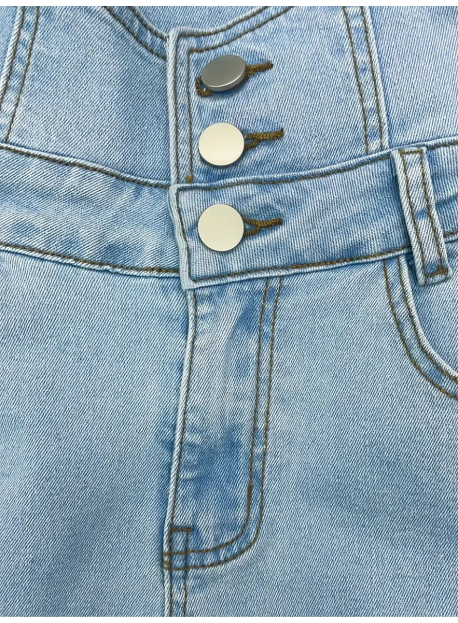 Kadın Yüksek Belli önden Düğmeli Yırtık Detaylı Kot Pantolon