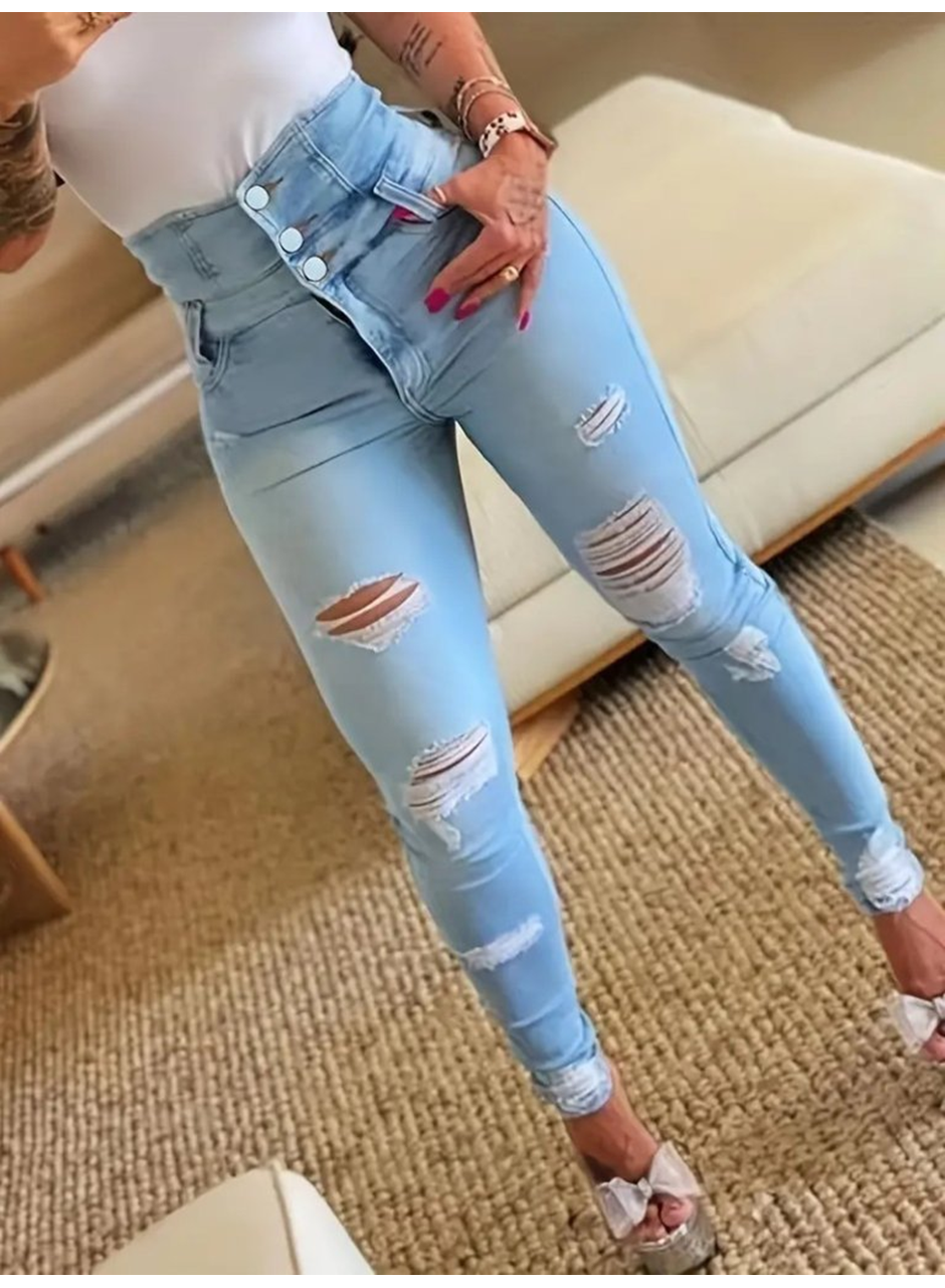 Kadın Yüksek Belli önden Düğmeli Yırtık Detaylı Kot Pantolon