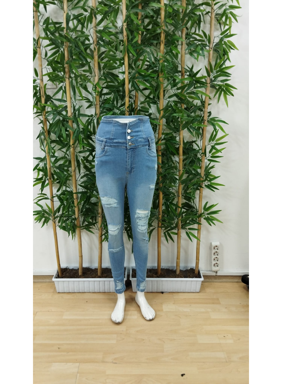 Kadın Yüksek Belli önden Düğmeli Yırtık Detaylı Kot Pantolon