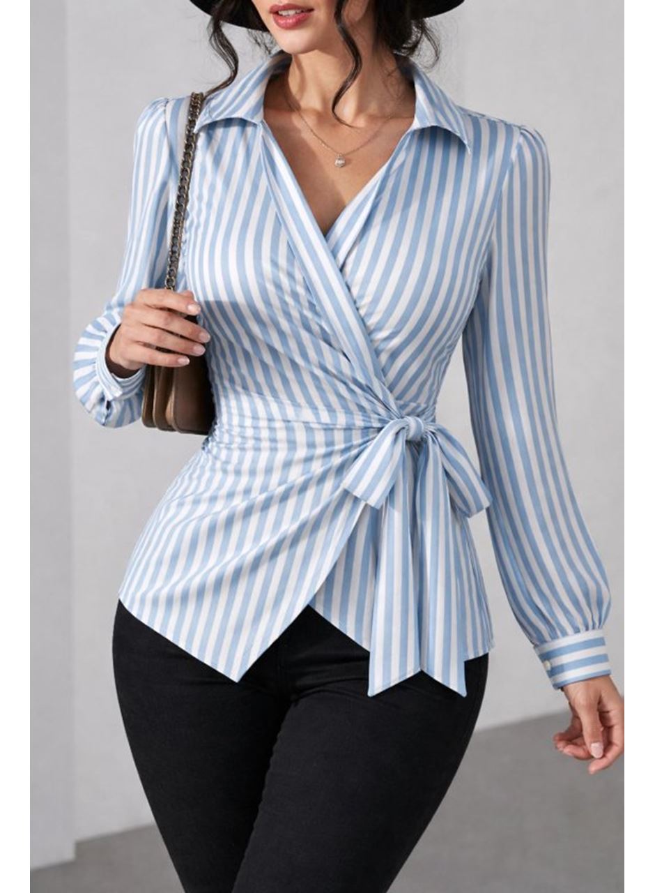Kadın çizgili Kruvaze Bağlamalı Gömlek