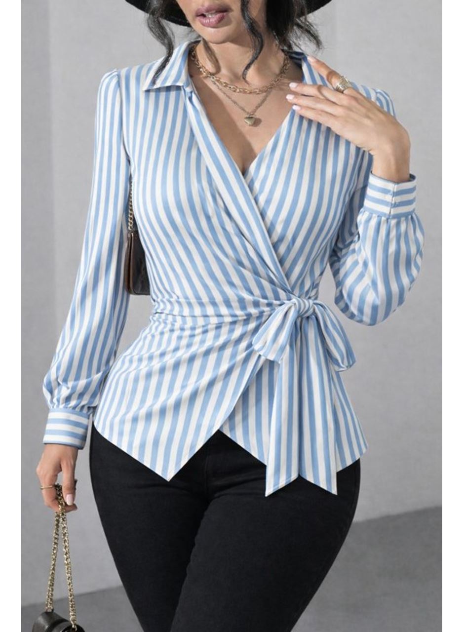 Kadın çizgili Kruvaze Bağlamalı Gömlek