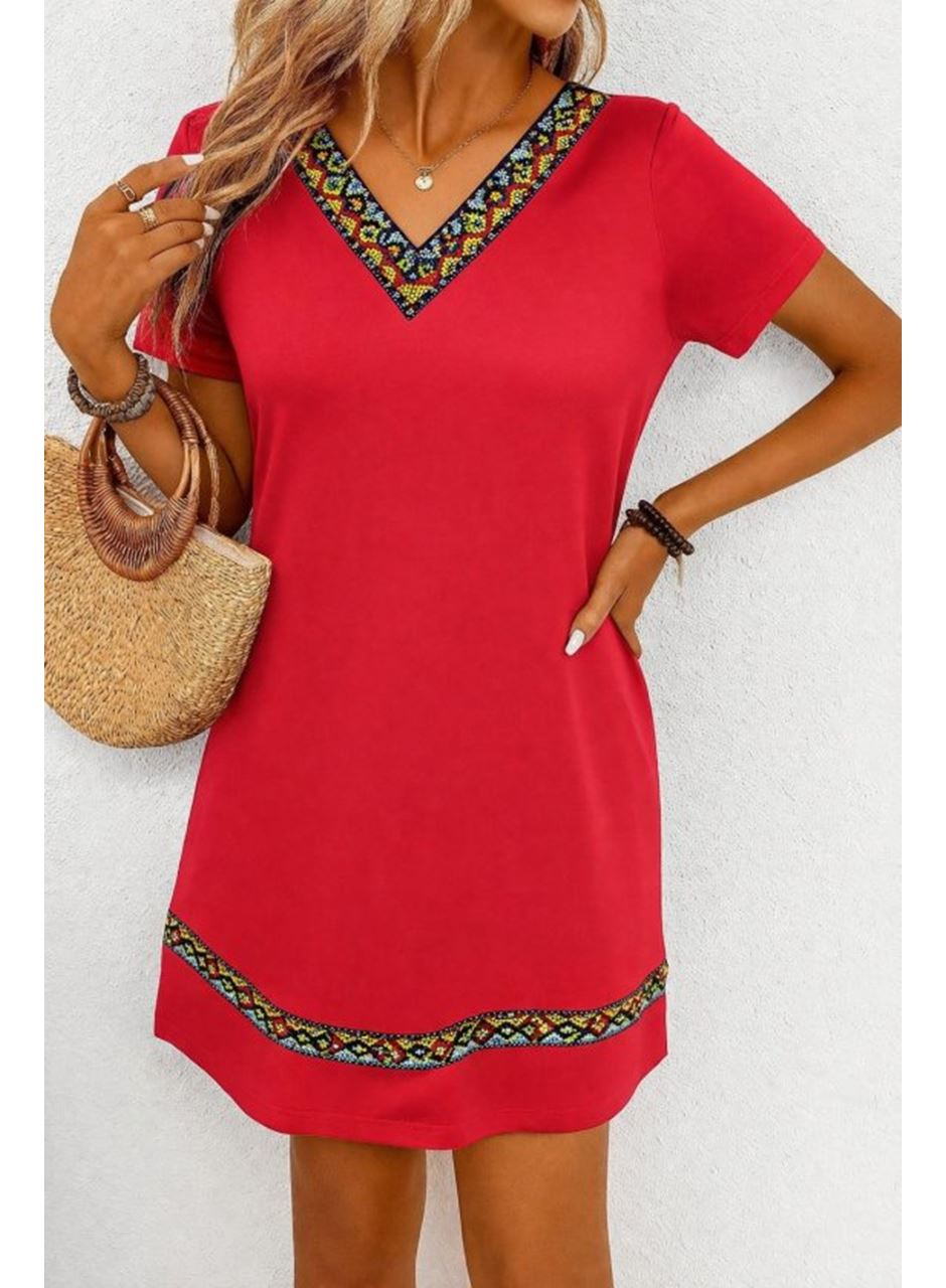 Kadın Kısa Kollu V Yakalı Etnik Desen şerit Detaylı Viskon Elbise