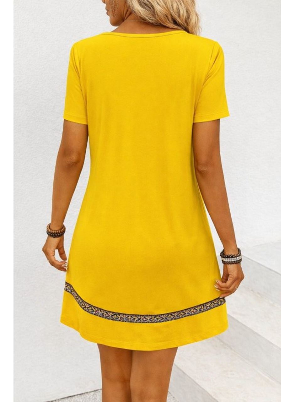 Kadın Kısa Kollu V Yakalı Etnik Desen şerit Detaylı Viskon Elbise