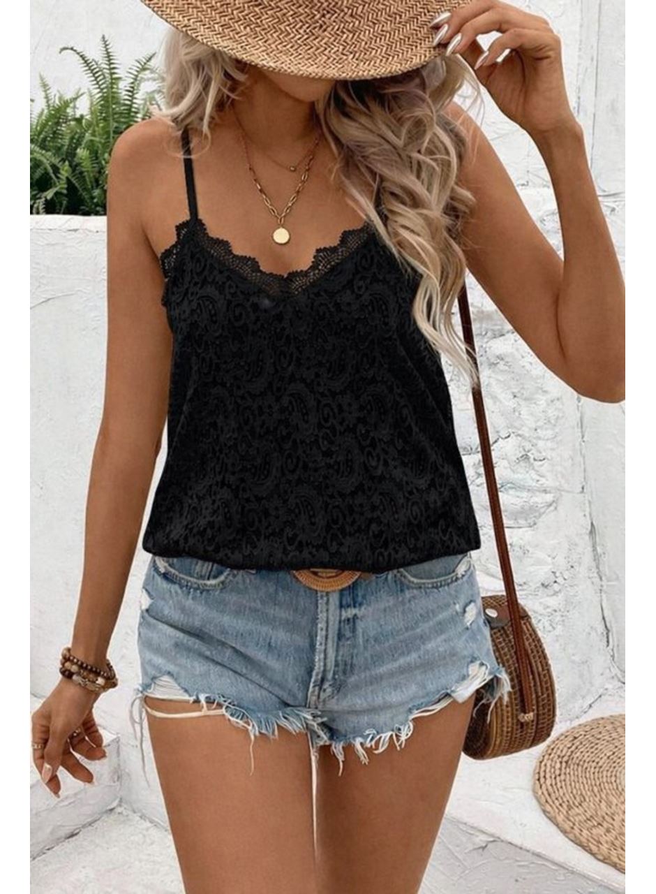 Kadın Ip Askılı V Dantel Yakalı Dantel Bluz