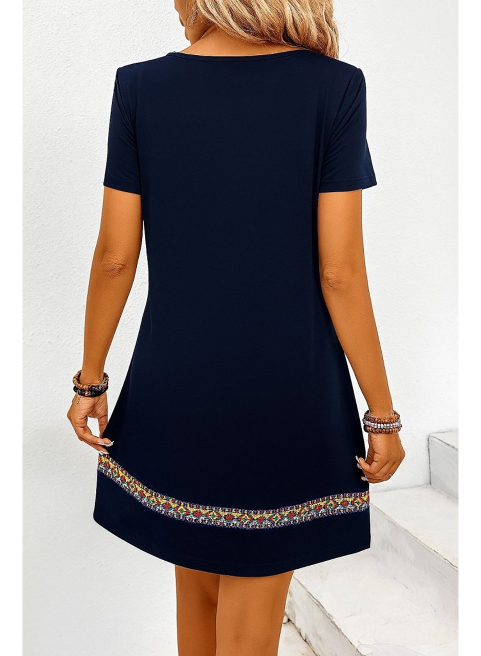 Kadın Kısa Kollu V Yakalı Etnik Desen şerit Detaylı Viskon Elbise